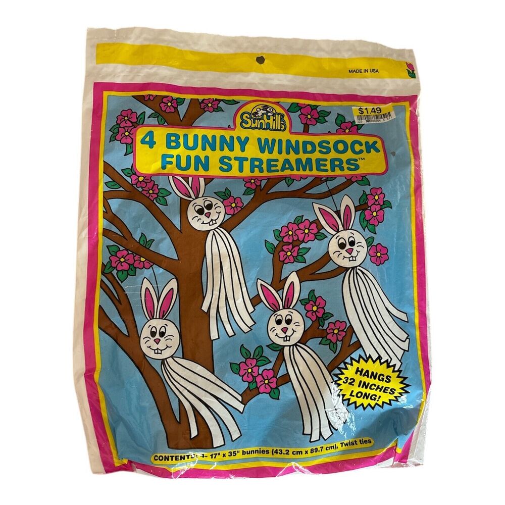 Vintage 1994 Sun Hill Pack Of 4 Easter Bunny Windsock Fun Streamers 32" *New